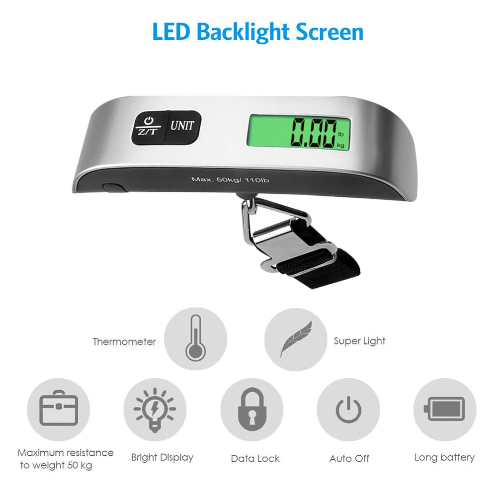 110Lb/50Kg Hanging Baggage Scale Digital Luggage Scale LCD Display Portable Suitcase Weighing Scale Travel Luggage Weight Scale