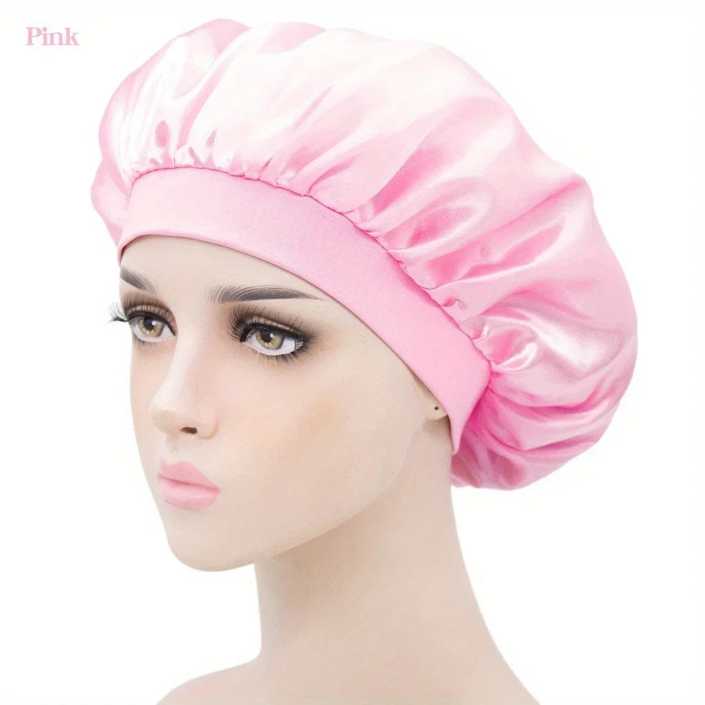 1PC Women's Satin Solid Bonnets Wide-brimmed Night Sleeping Bathing Hat Unisex Head Wrap Elastic Band Cap Hair Care Bonnet.