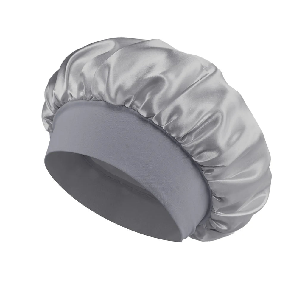 1PC Women's Satin Solid Bonnets Wide-brimmed Night Sleeping Bathing Hat Unisex Head Wrap Elastic Band Cap Hair Care Bonnet.