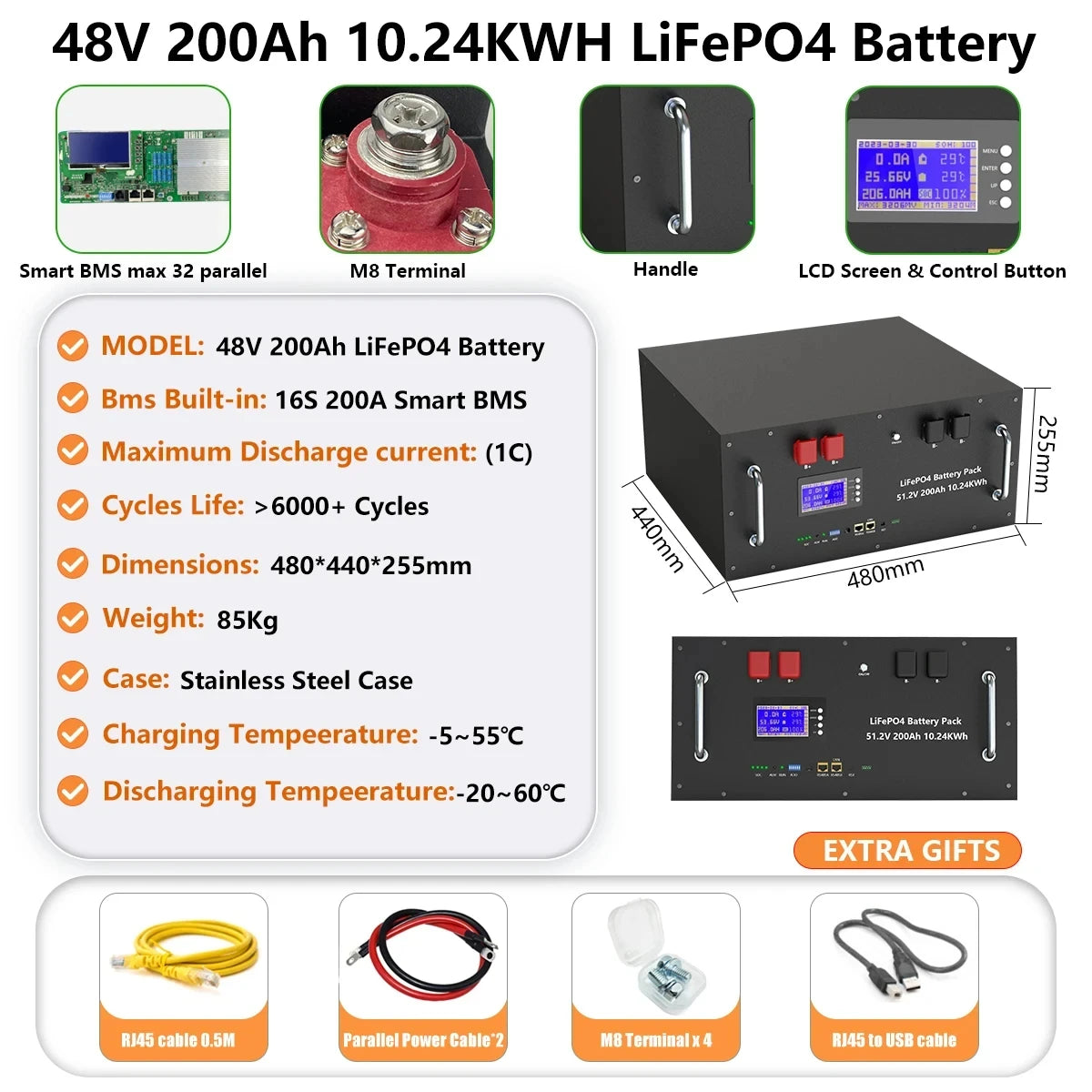48V 100AH 150AH 200AH LiFePO4 Battery Pack 51.2V Lithium Solar Battery 6000+ Cycle Built-in 200A BMS RS485 CAN For Home Storage
