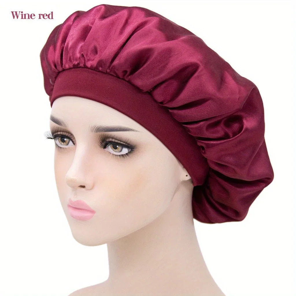 1PC Women's Satin Solid Bonnets Wide-brimmed Night Sleeping Bathing Hat Unisex Head Wrap Elastic Band Cap Hair Care Bonnet.